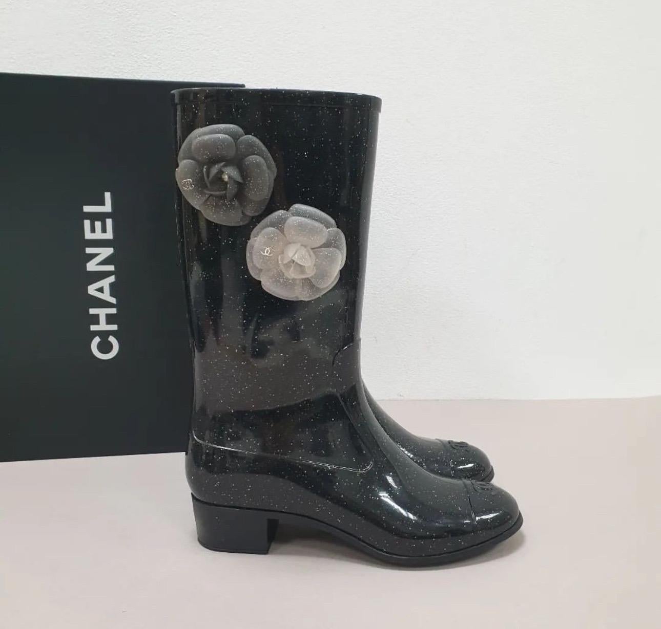 Women's CHANEL Camellia CC Logo Glitter Rain Boots