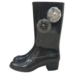 CHANEL Camellia CC Logo Glitter Rain Boots