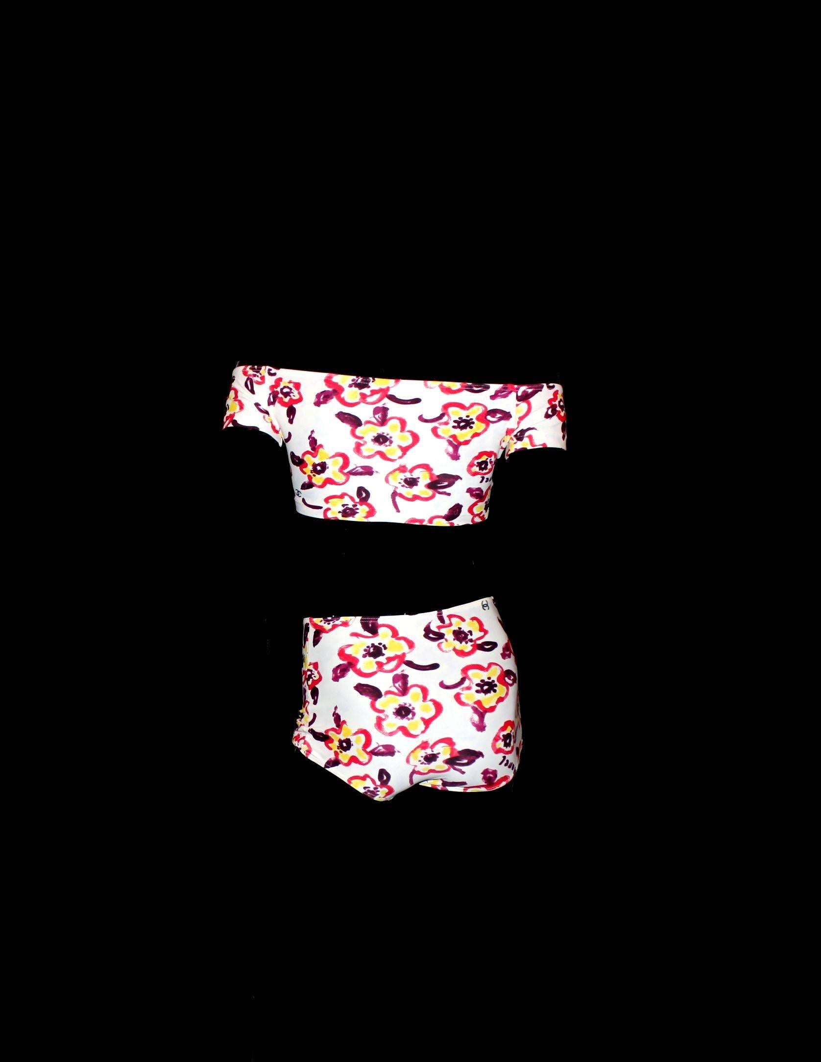 Women's Chanel Camellia CC Logo Print Top Hot Pants Bikini Swimsuit Beach Set Ensemble