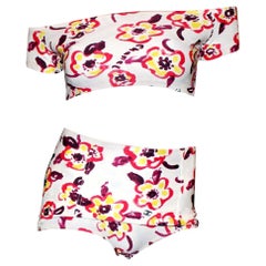 Retro Chanel Camellia CC Logo Print Top Hot Pants Bikini Swimsuit Beach Set Ensemble