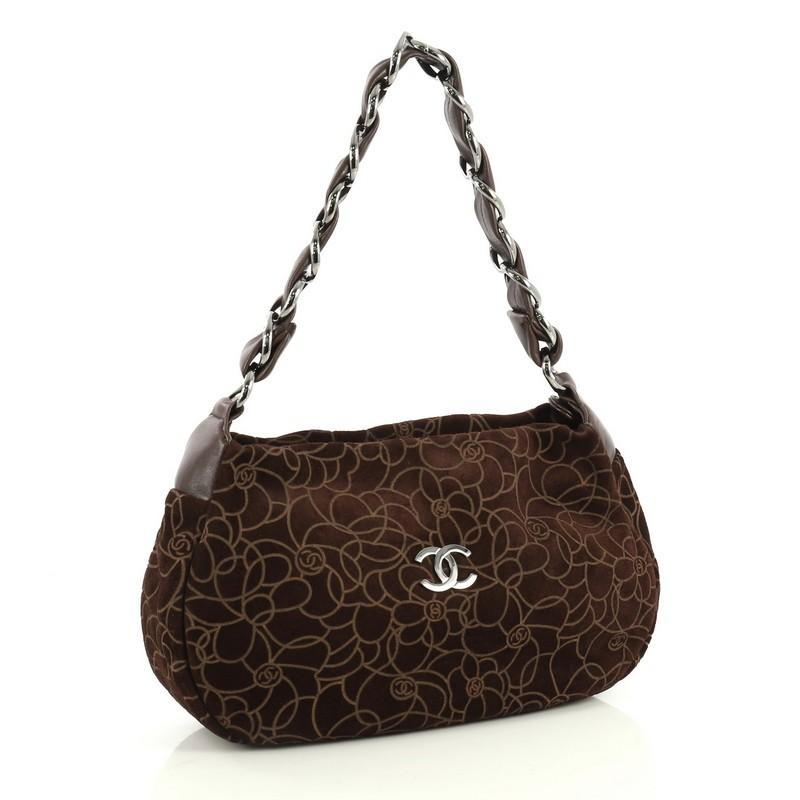 Black Chanel Camellia Chain Shoulder Bag Embossed Suede Medium