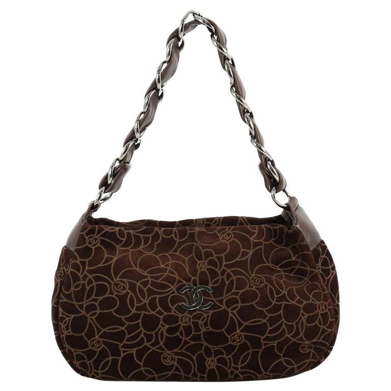 Chanel Camellia Chain Shoulder Bag Embossed Suede Medium