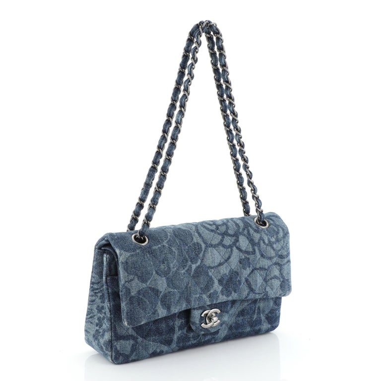 Chanel Camellia Classic Double Flap Bag Quilted Printed Denim Medium at