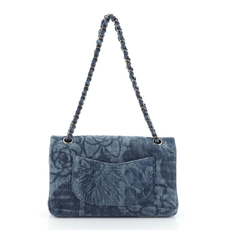 Chanel Camellia Classic Double Flap Bag Quilted Printed Denim Medium