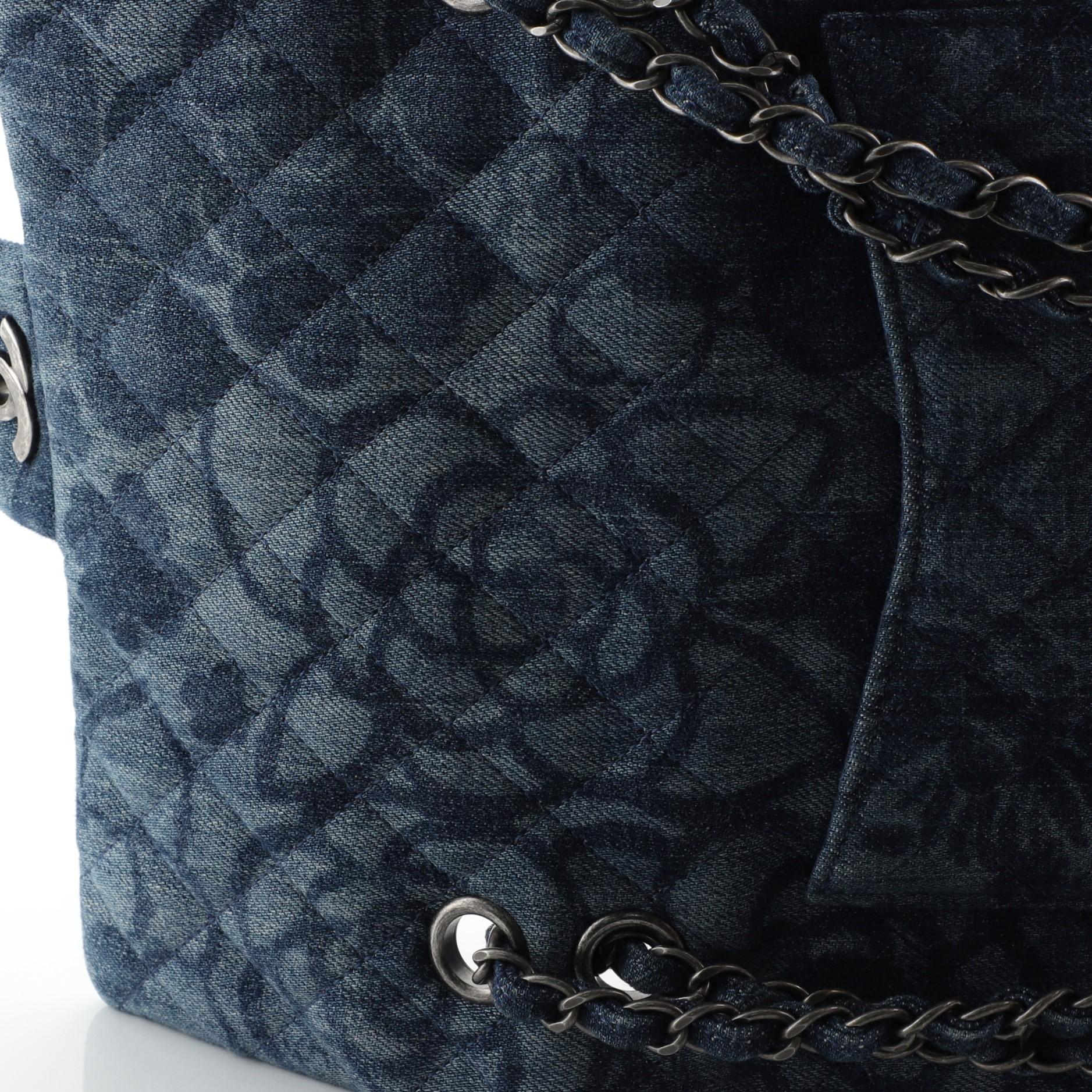 Gray Chanel Camellia Classic Double Flap Bag Quilted Printed Denim Medium