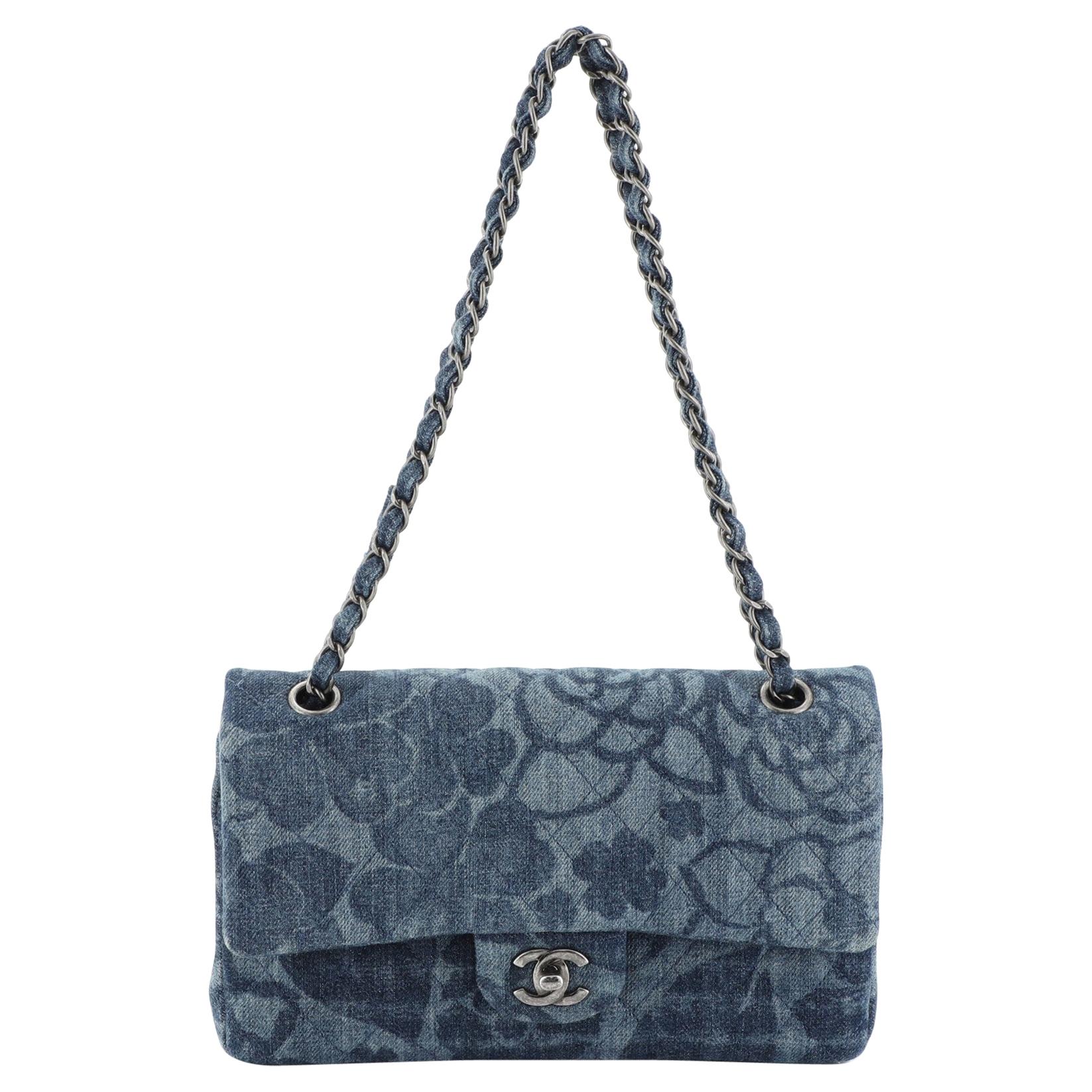 Chanel Camellia Classic Double Flap Bag Quilted Printed Denim Medium at  1stDibs