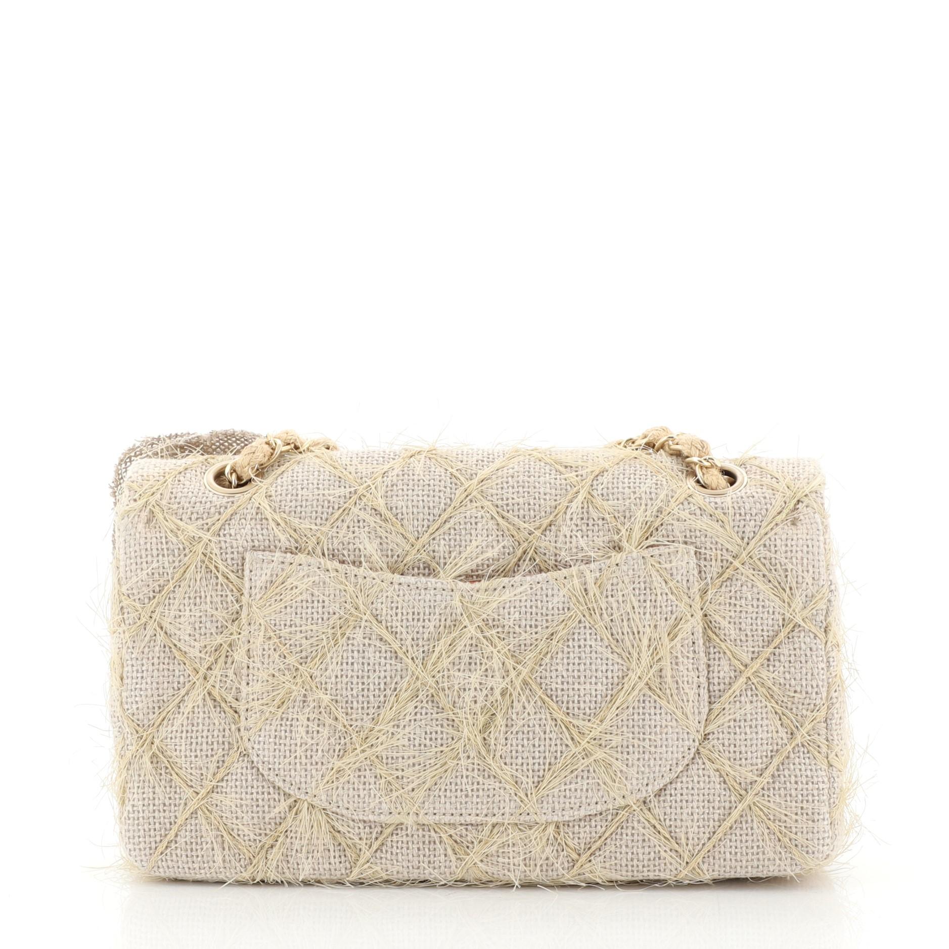 Beige Chanel Camellia Classic Single Flap Bag Quilted Burlap Medium