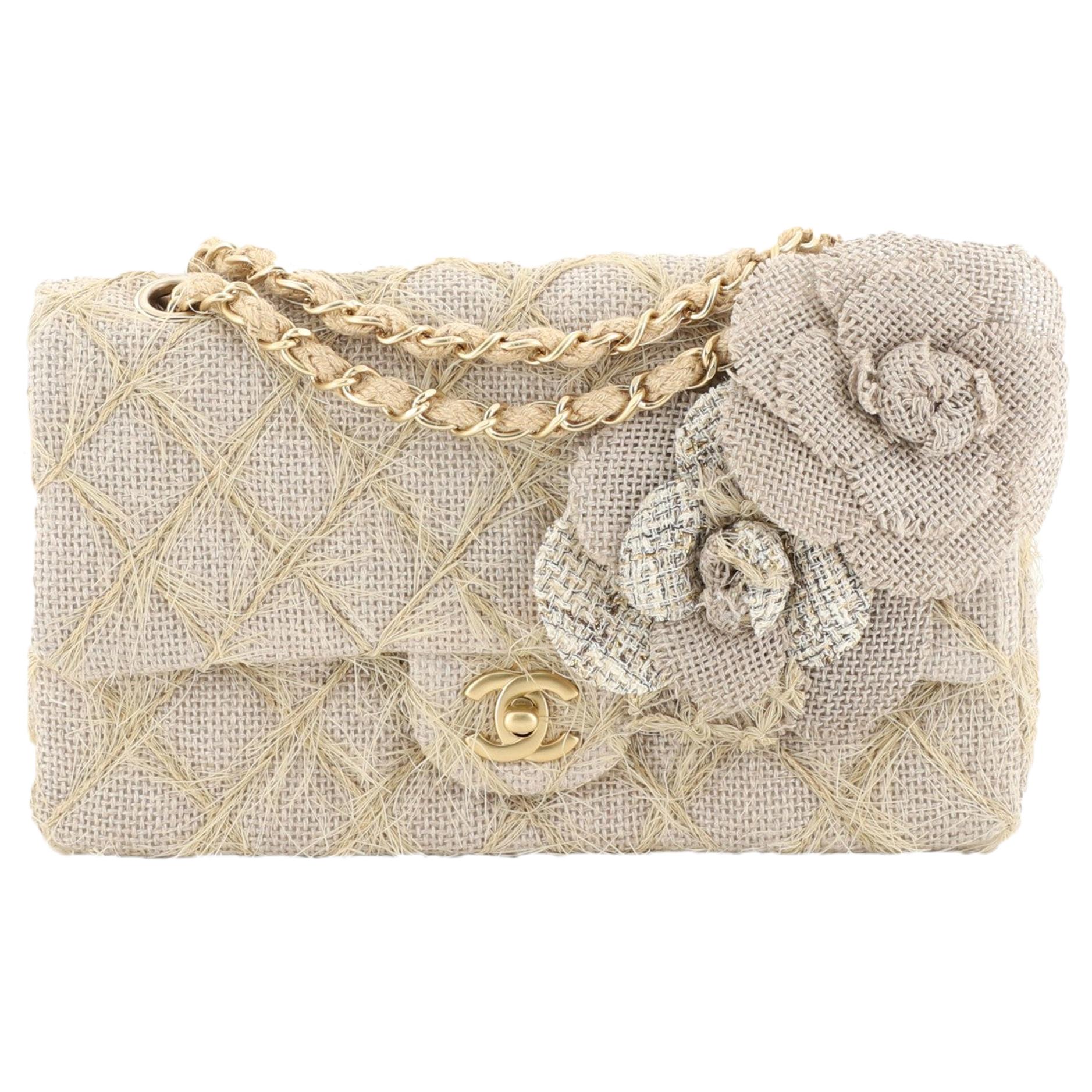 Chanel Camellia Classic Single Flap Bag Quilted Burlap Medium at 1stDibs