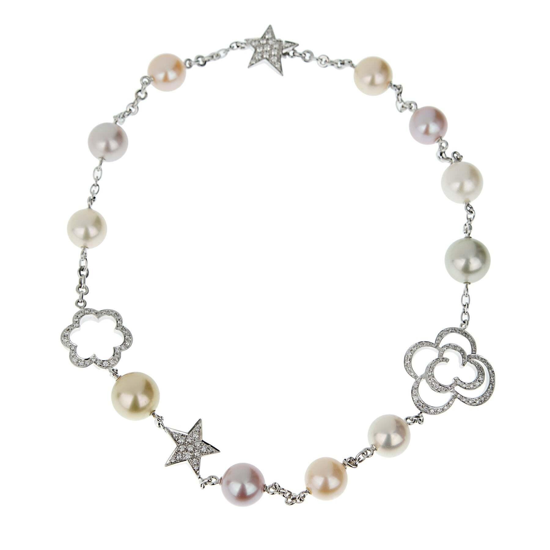 Collana Chanel Camellia e Comete Motif Perla Diamante Oro Bianco 18 carati