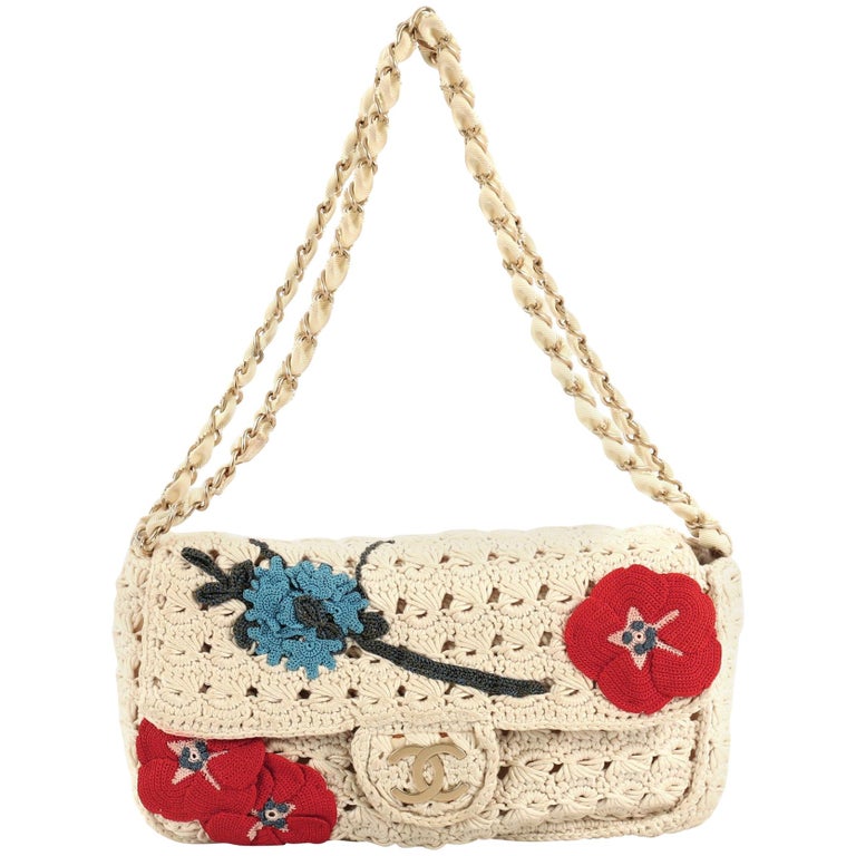 Chanel Brown and White Camellia Wool Knitted Shoulder Bag Chanel