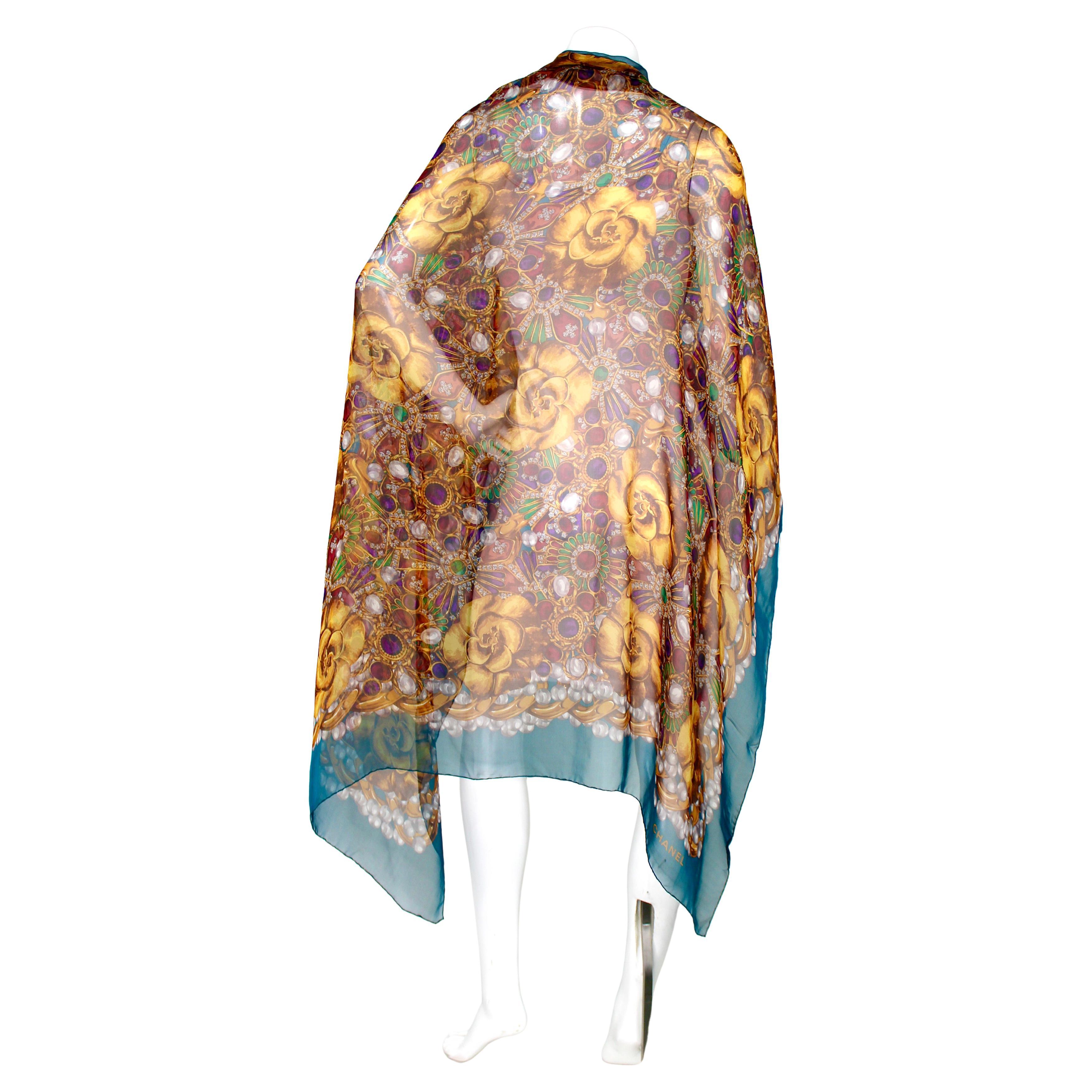 Chanel Camellia Croix Bijoux Gripoix Silk Print Scarf circa 1980s