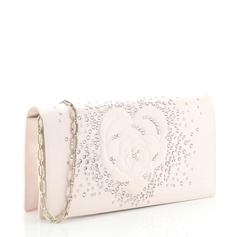 Beige  Chanel Camellia Diamante Convertible Clutch Crystal Embellished Satin Small