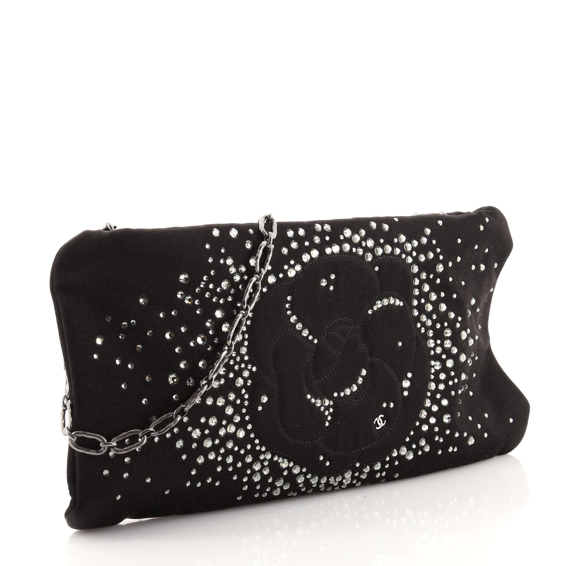 Black Chanel Camellia Diamante Convertible Clutch Crystal Embellished Satin Small