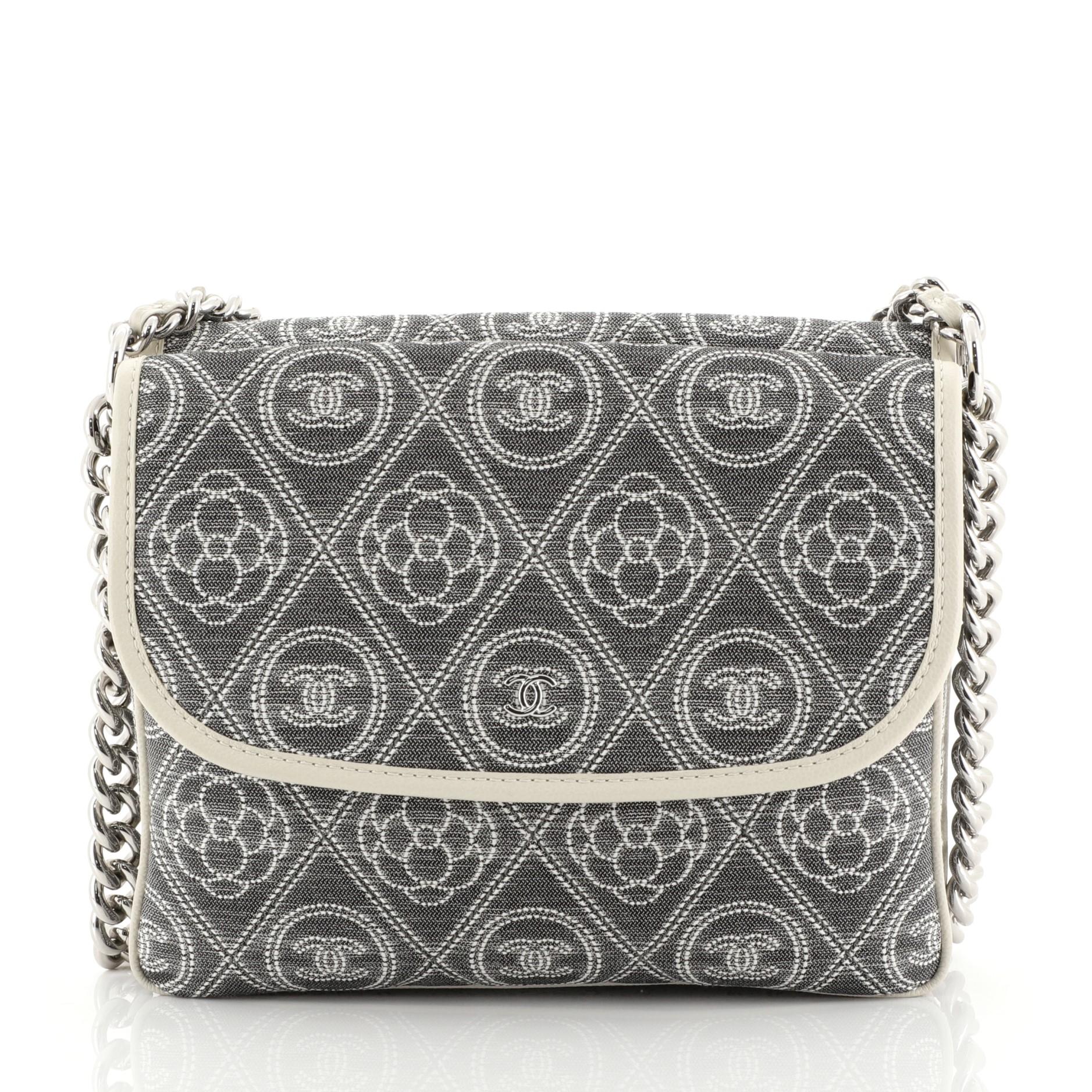 Gray Chanel Camellia Double Side Flap Bag Quilted Printed Canvas
