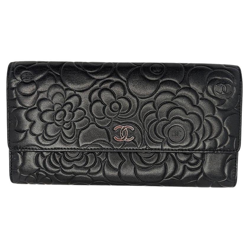 Chanel Camellia Embossed Large Flap Clutch Wallet with Card Insert For Sale