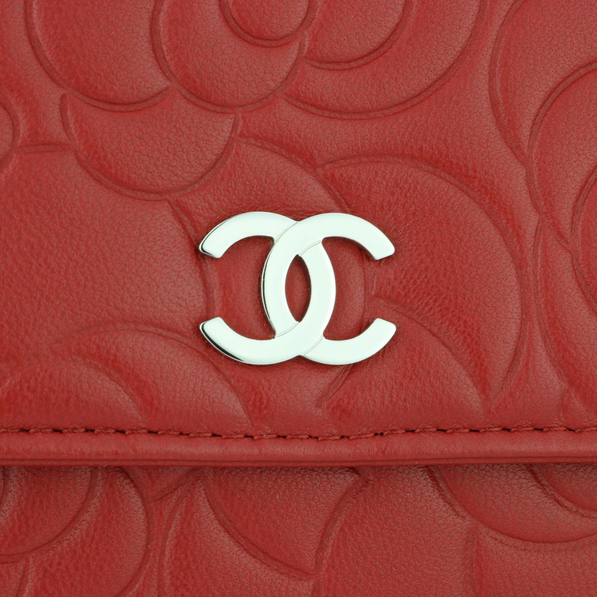 CHANEL Camellia Embossed Long Flap Wallet Red Lambskin with Silver Hardware 2012 In Excellent Condition In Huddersfield, GB