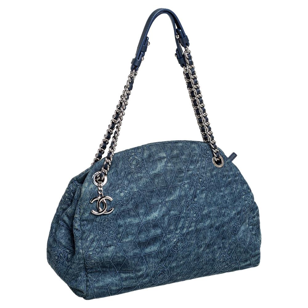 Blue Chanel Camellia Embroidered Denim and Leather Large Just Mademoiselle Bowler Bag