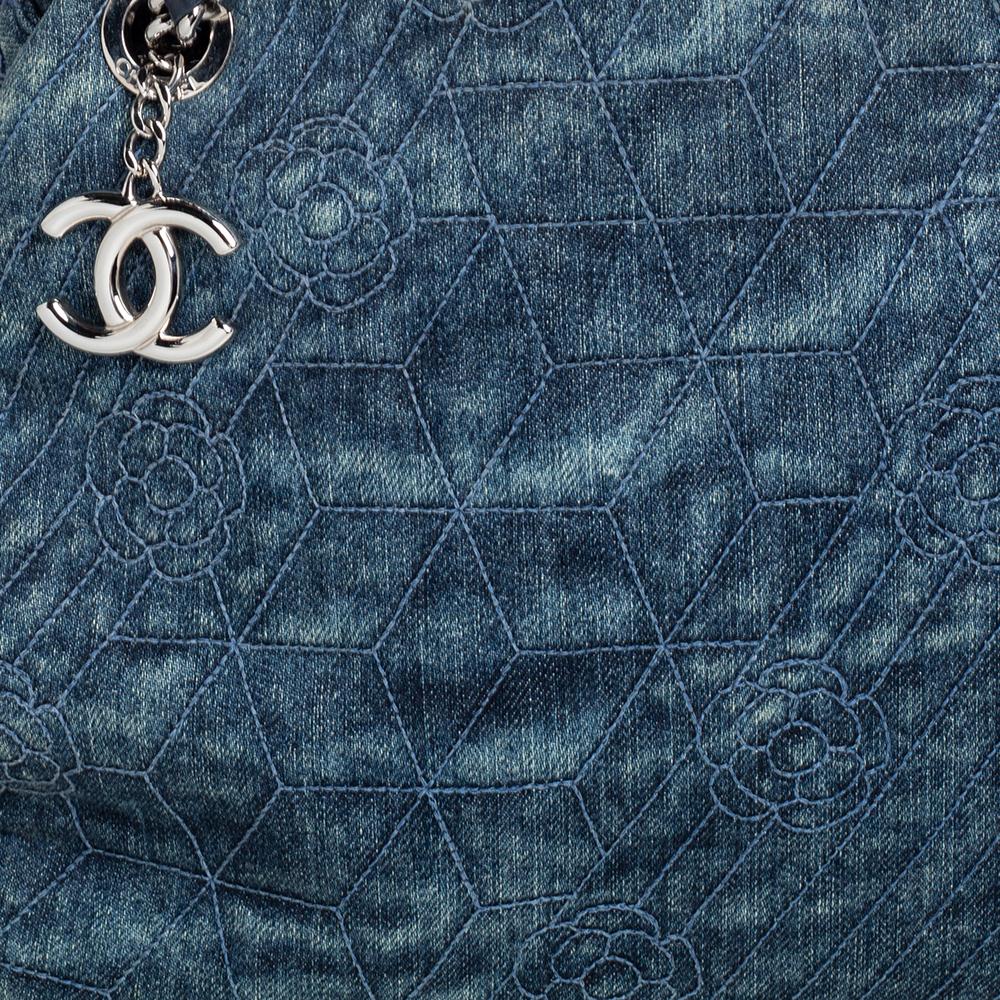 Chanel Camellia Embroidered Denim and Leather Large Just Mademoiselle Bowler Bag 3