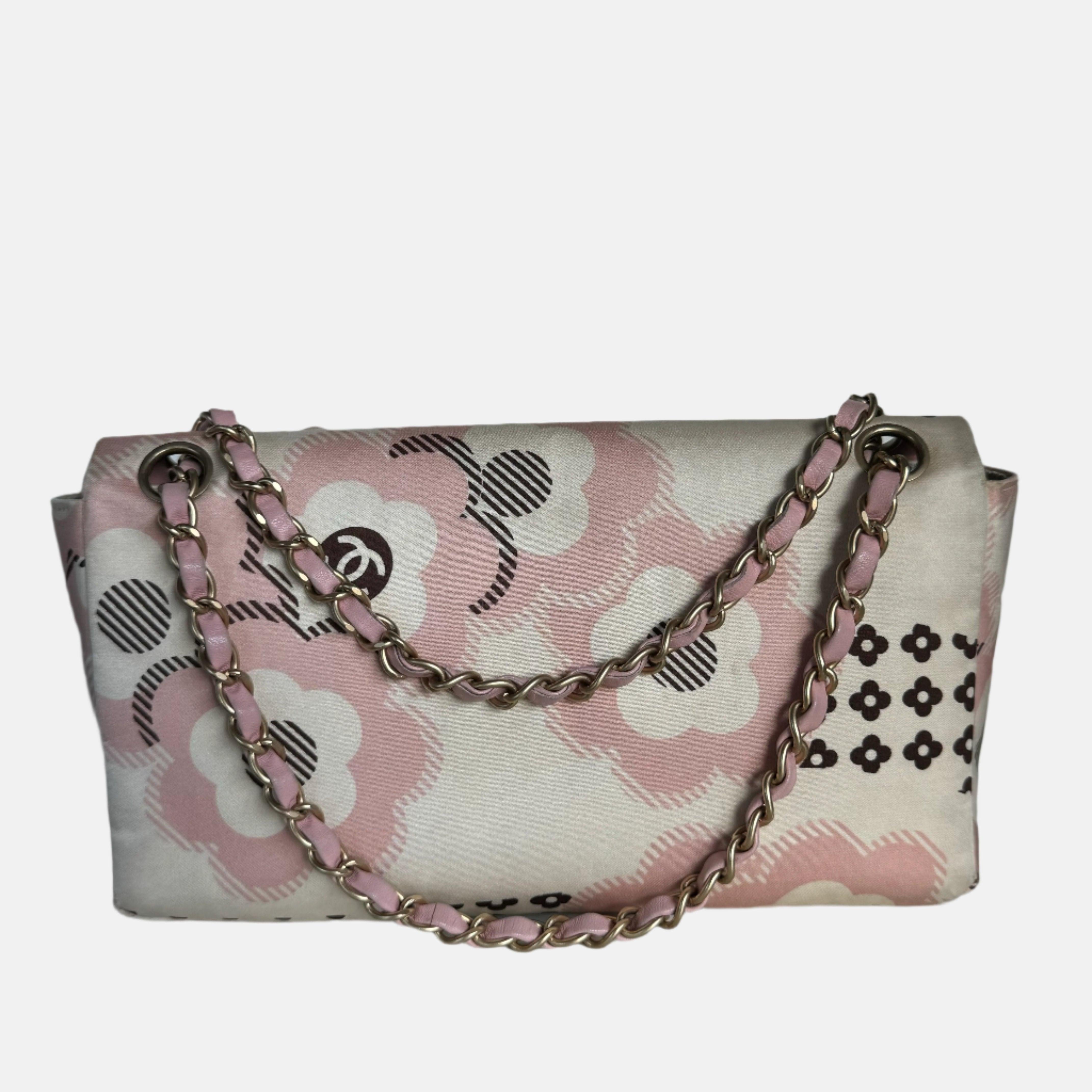 Chanel Camellia Flap Bag Pink Floral Printed Satin Medium, 2005-2006
 These are professional photos of the actual bag offered by Luxbags.
 This Chanel Camellia Flap Bag Printed Satin Medium, crafted in beige and pink printed satin, features woven in