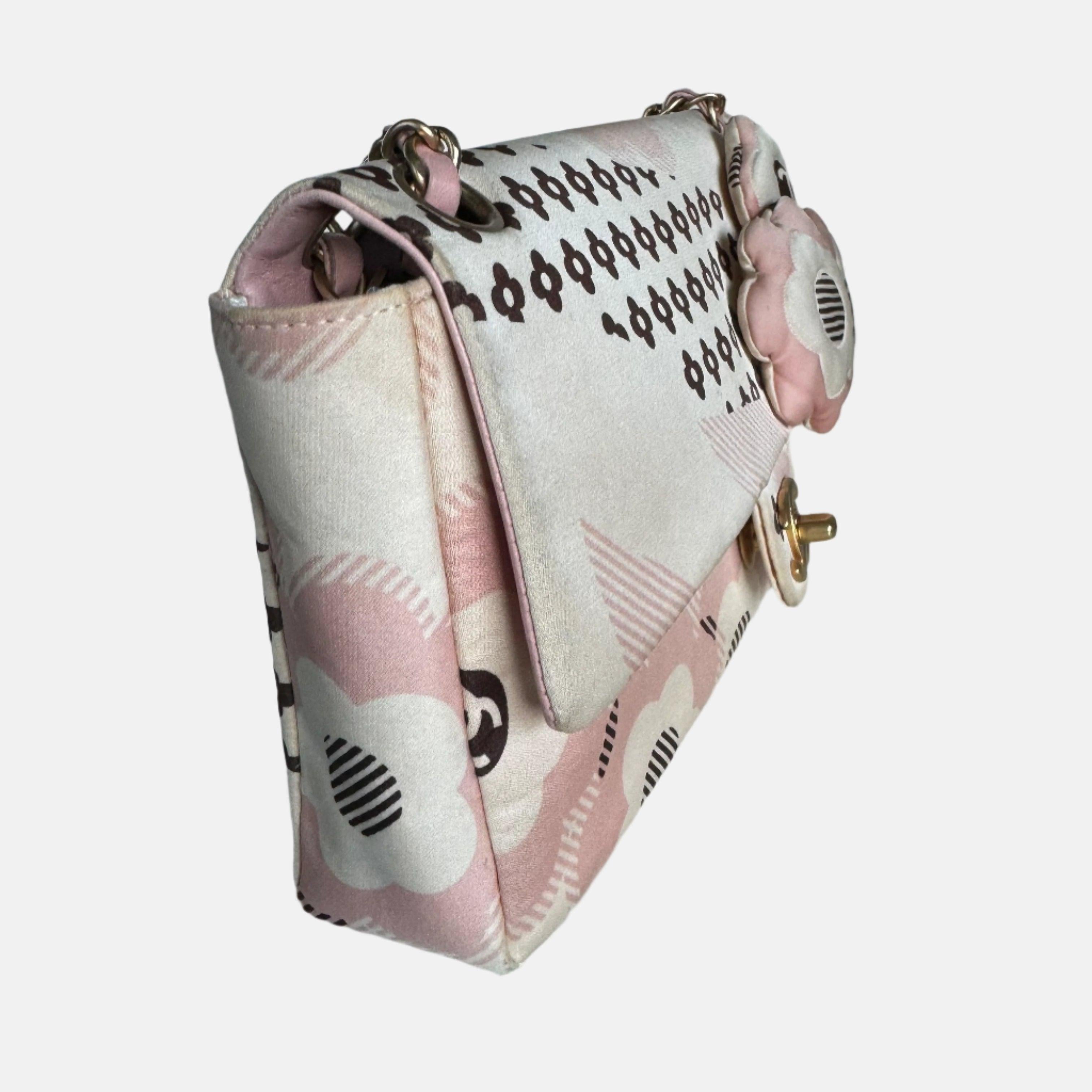 Gray Chanel Camellia Flap Bag Pink Floral Printed Satin Medium, 2005-2006