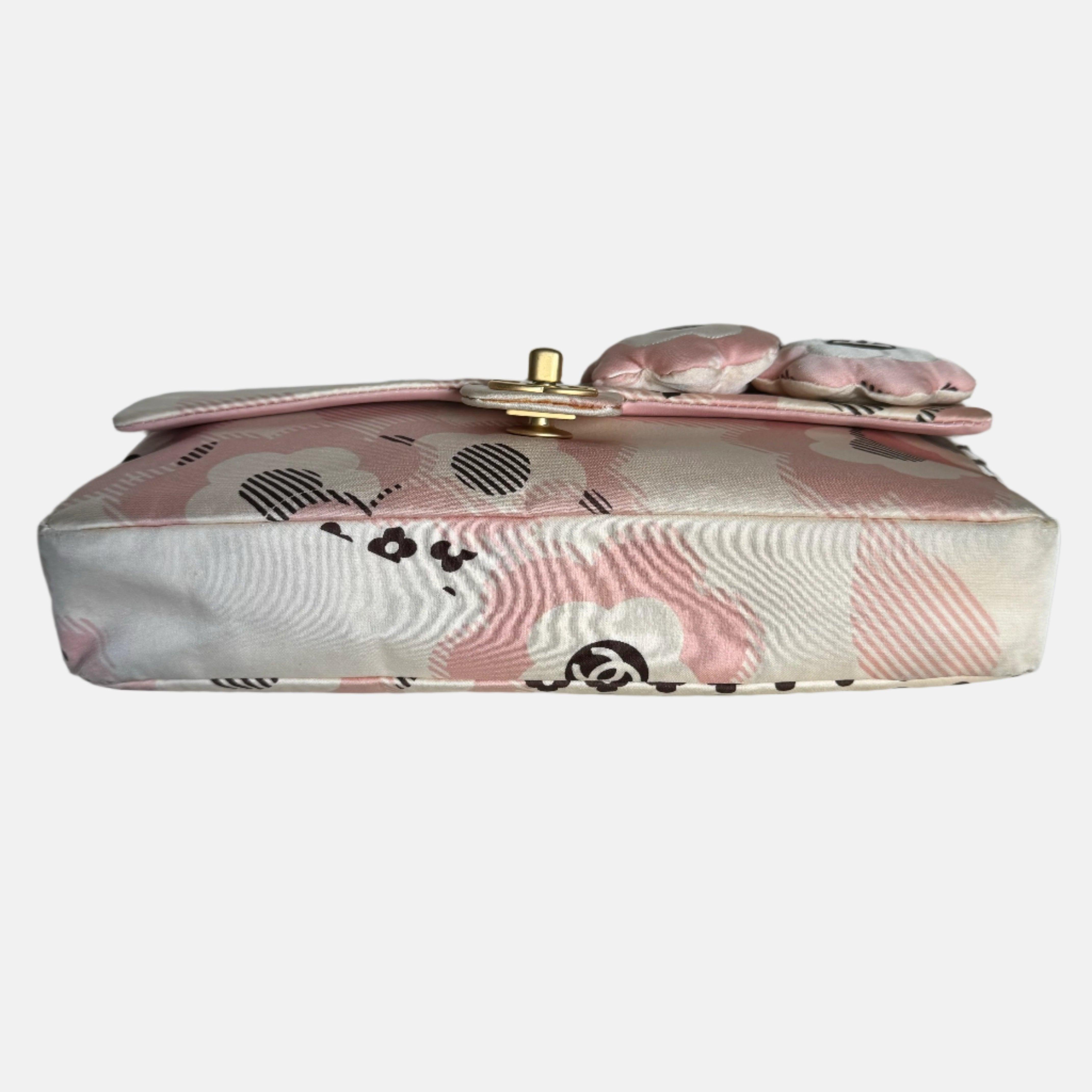 Women's Chanel Camellia Flap Bag Pink Floral Printed Satin Medium, 2005-2006