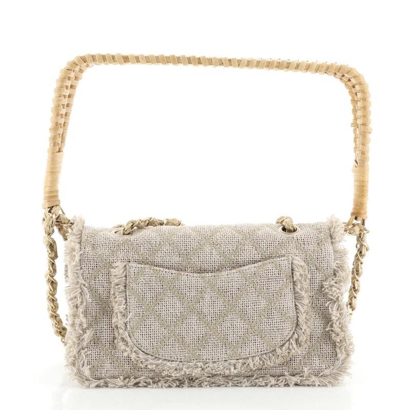 Beige Chanel Camellia Flap Bag Quilted Burlap With Wicker Small