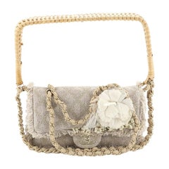 Chanel Camellia Flap Bag Quilted Burlap With Wicker Small