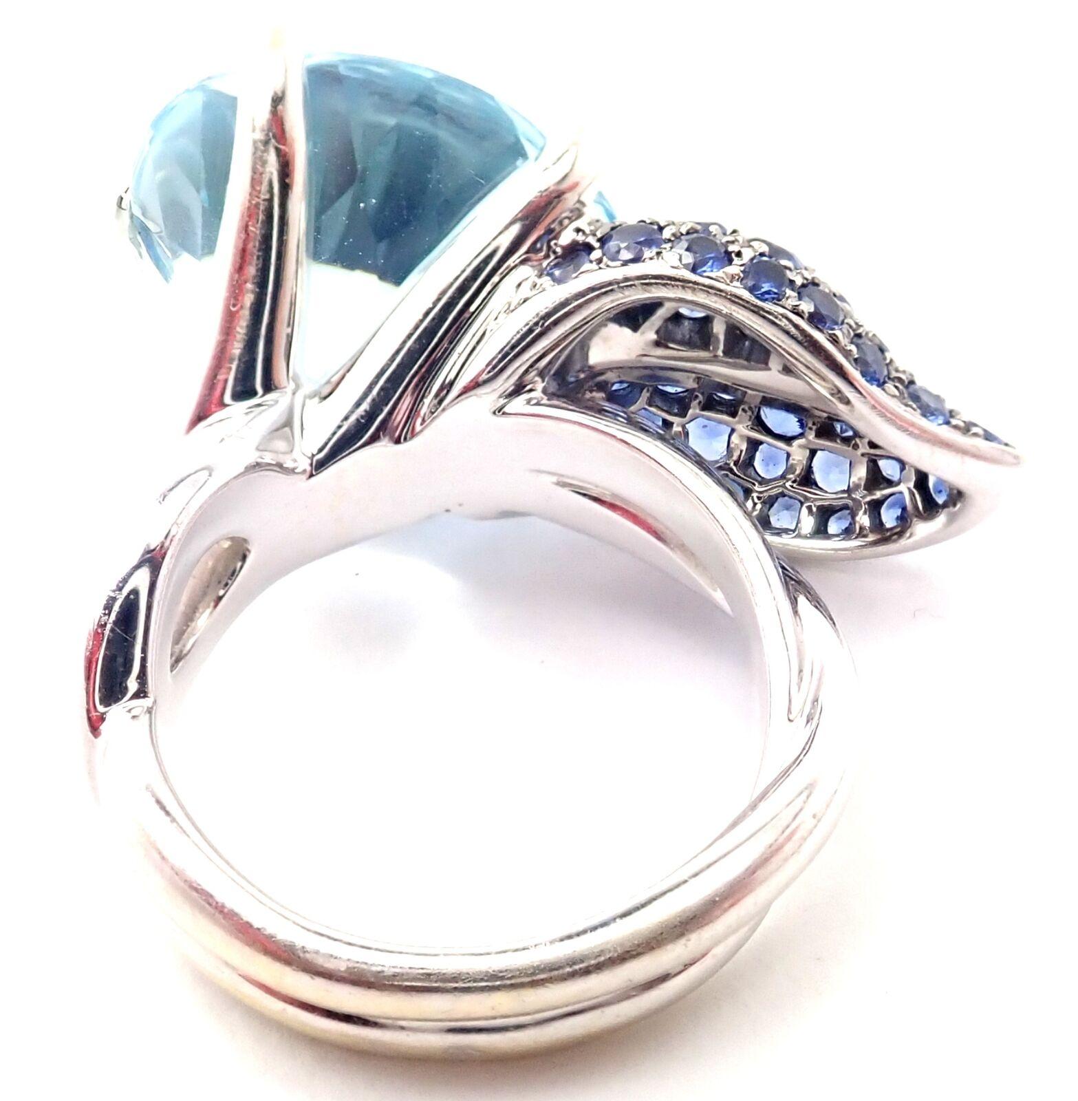 Chanel Camellia Flower Aquamarine Sapphire White Gold Ring In Excellent Condition For Sale In Holland, PA