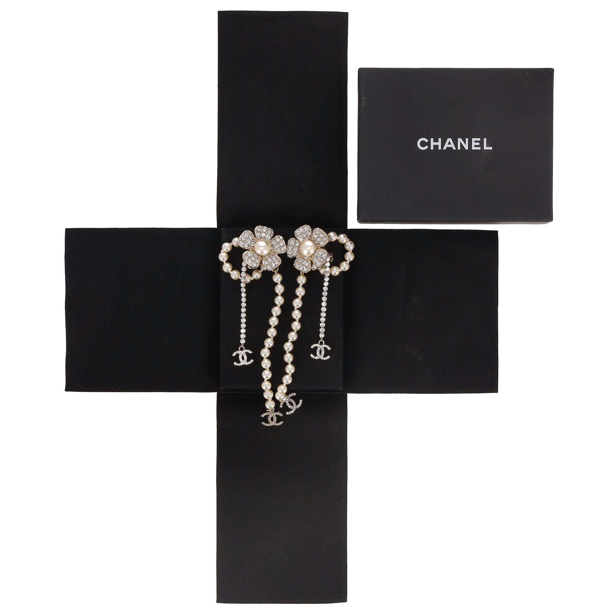Chanel Camellia Flower, 'CC' Logo, Pearl & Strass Drop Earrings 5