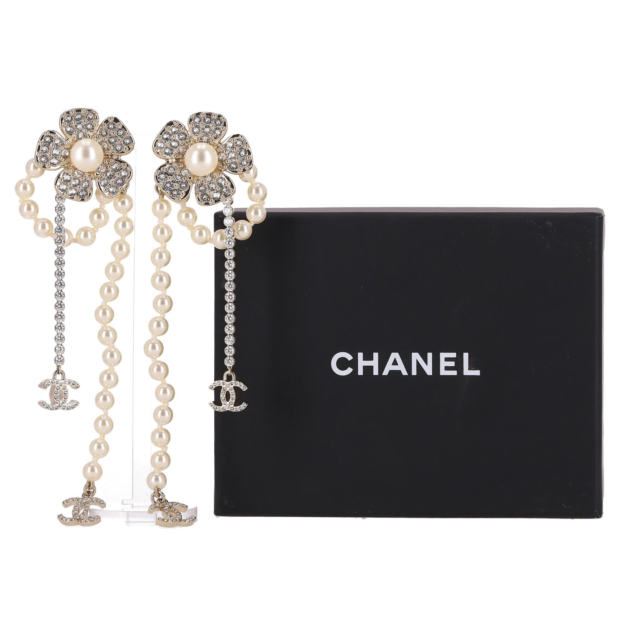Round Cut Chanel Camellia Flower, 'CC' Logo, Pearl & Strass Drop Earrings