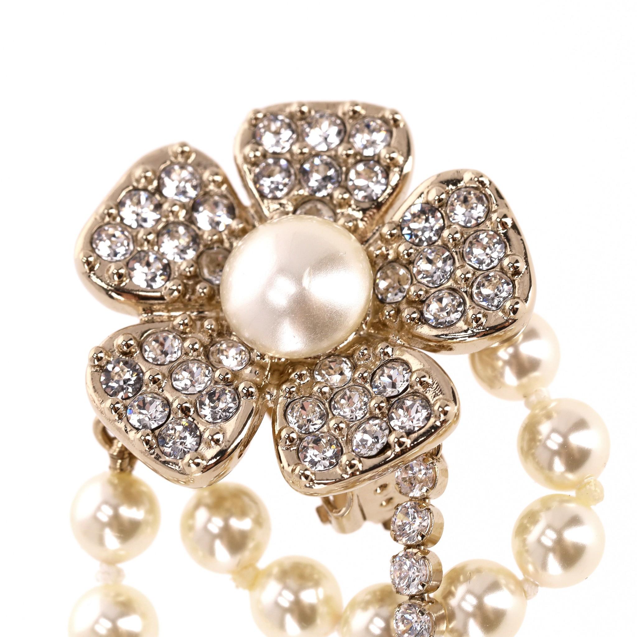 Chanel Camellia Flower, 'CC' Logo, Pearl & Strass Drop Earrings In Excellent Condition In London, GB