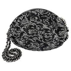 CHANEL Kamelie Blume Jacquard Kette Beutel Clutch Handgelenk schwarz & Silber