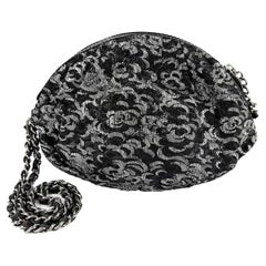 CHANEL Camellia Flower Jacquard Chain Pouch Clutch Wristlet Black &amp; Silver