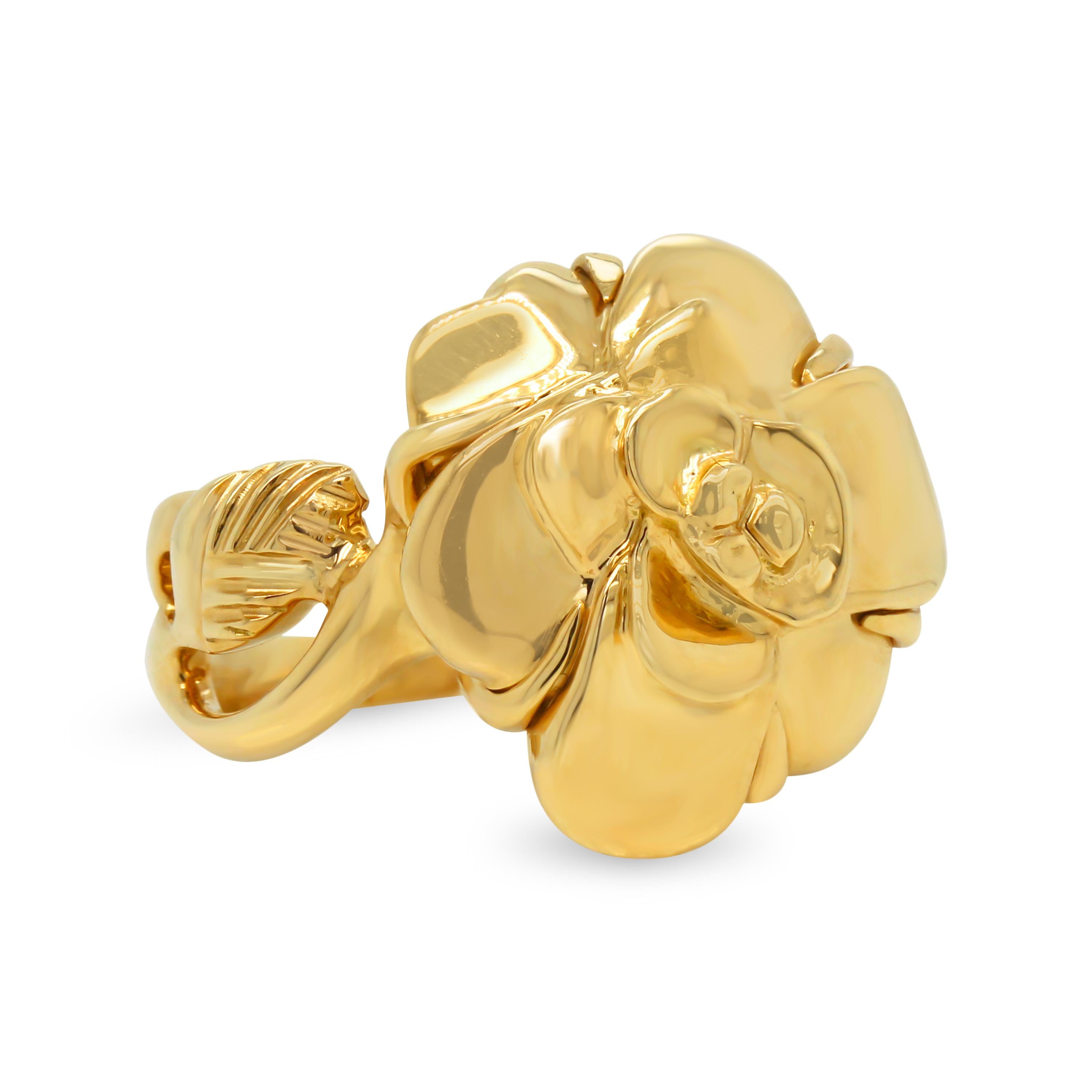 Modern Chanel Camellia Flower Motif 18 Karat Yellow Gold Cocktail Ring