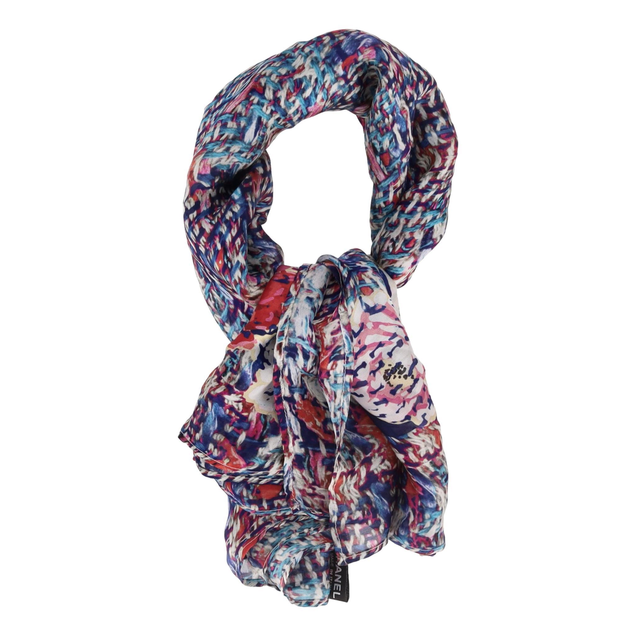 Gray Chanel Camellia Flower & Tweed Print Silk Scarf For Sale