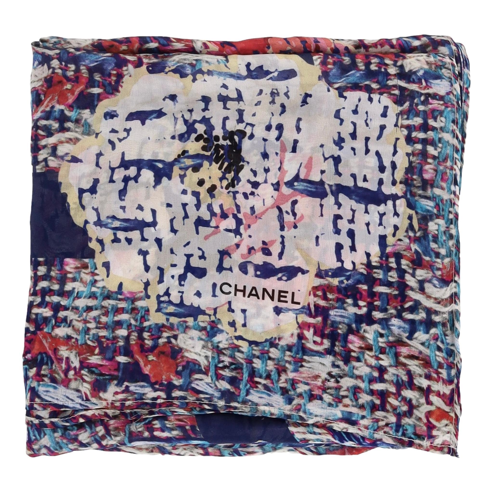Chanel Camellia Flower & Tweed Print Silk Scarf In Excellent Condition For Sale In London, GB