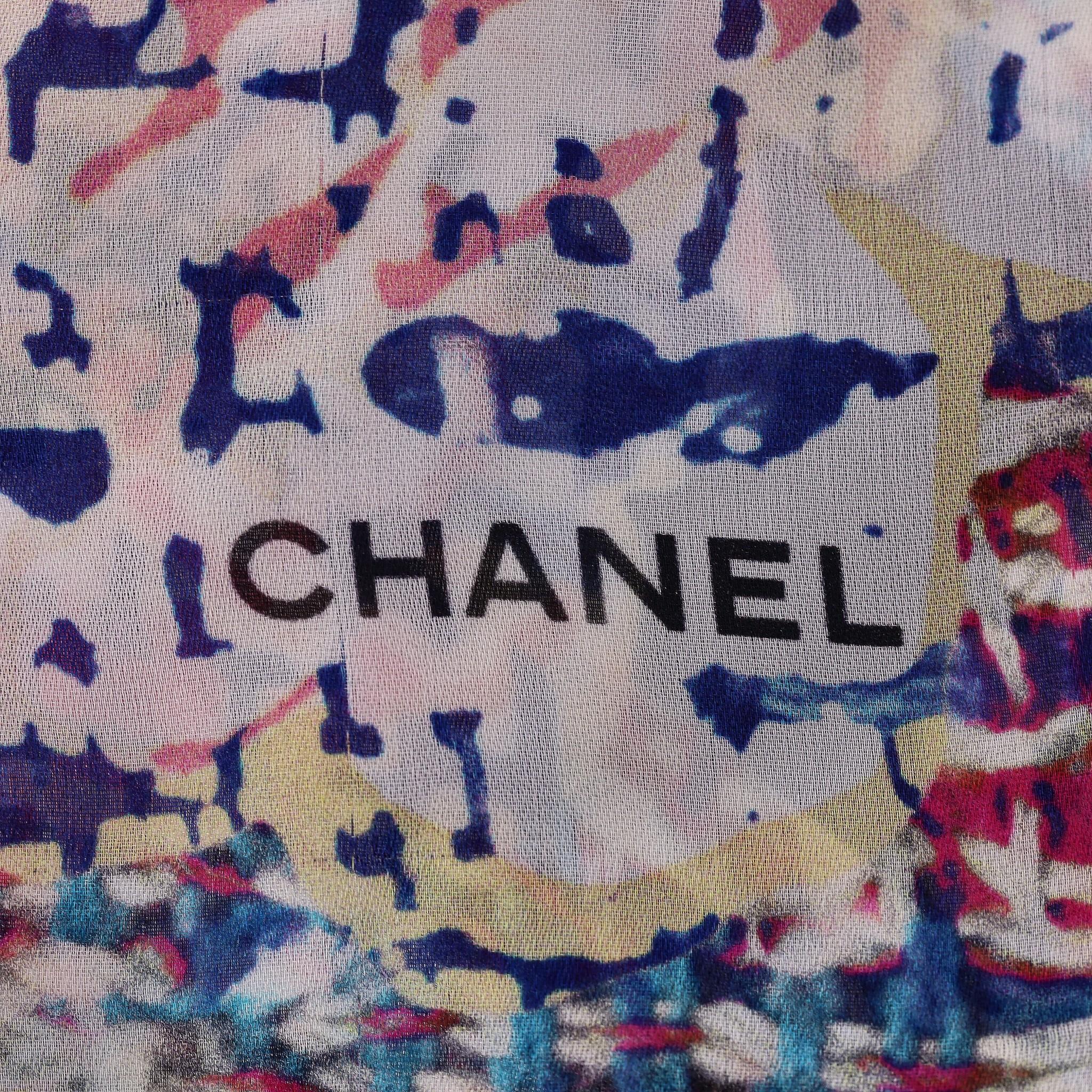 Chanel Camellia Flower & Tweed Print Silk Scarf For Sale 1