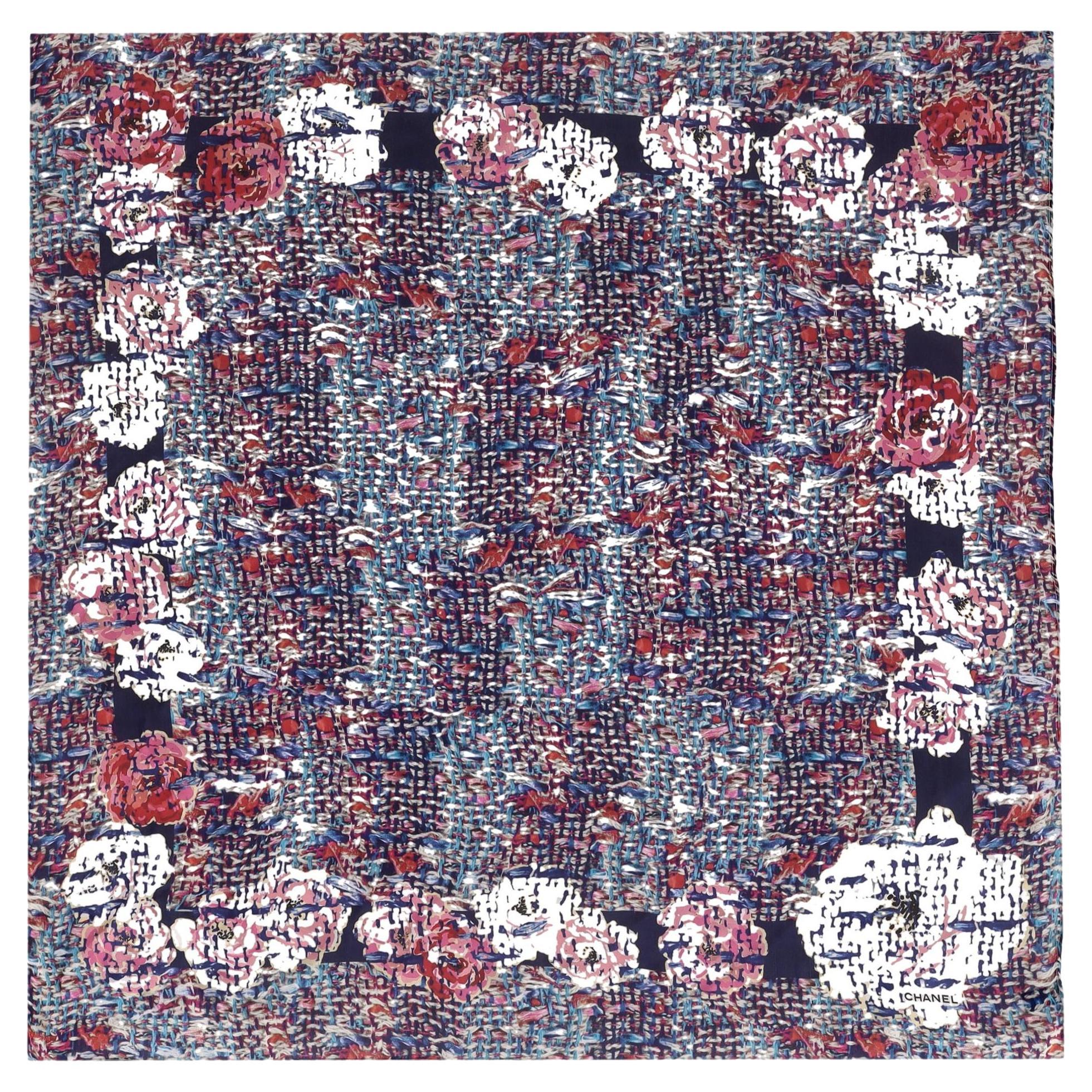Chanel Camellia Flower & Tweed Print Silk Scarf For Sale