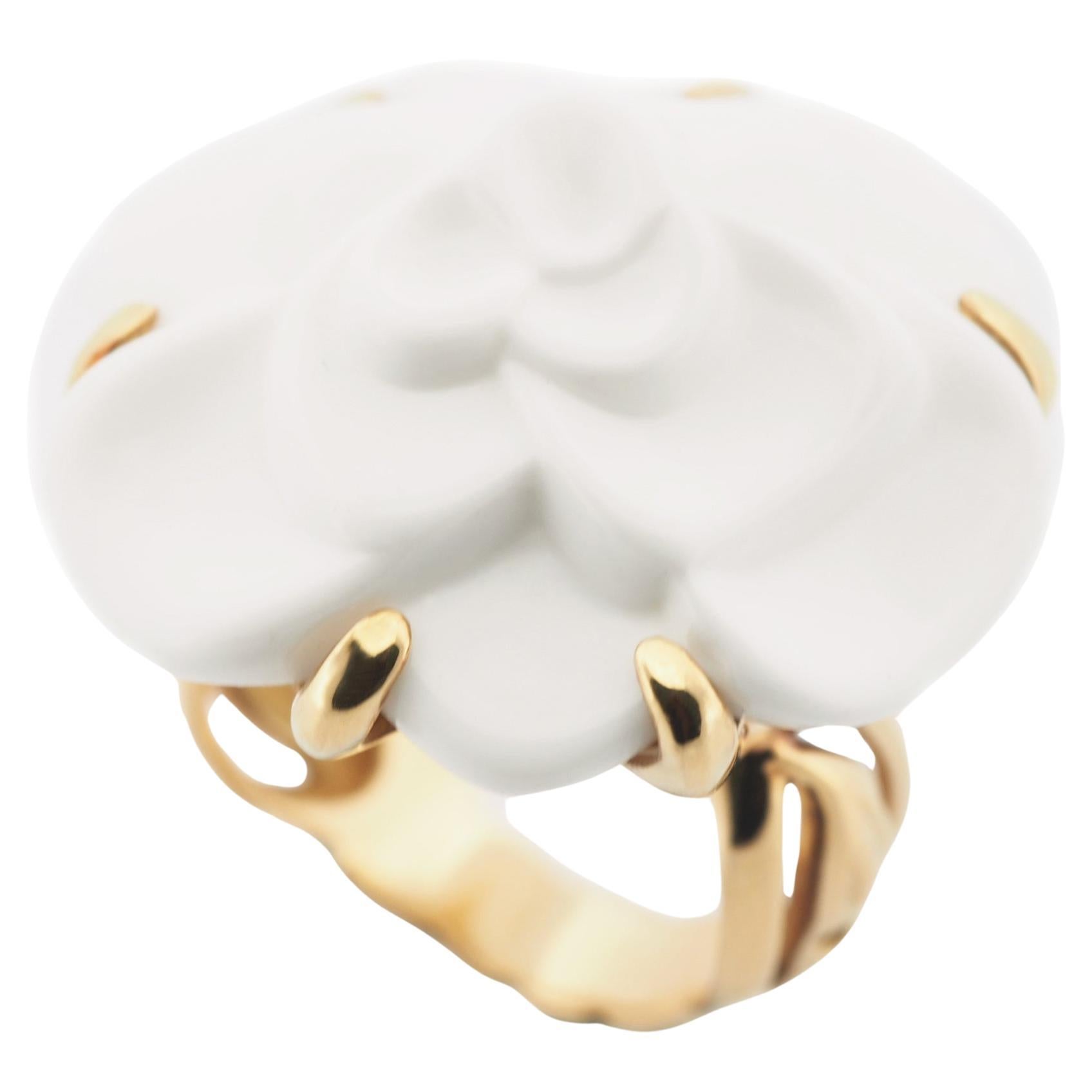 Chanel Camellia Flower White Chalcedony Ring Yellow Gold 51 For Sale