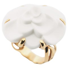 Chanel Camellia Flower White Chalcedony Ring Yellow Gold 51