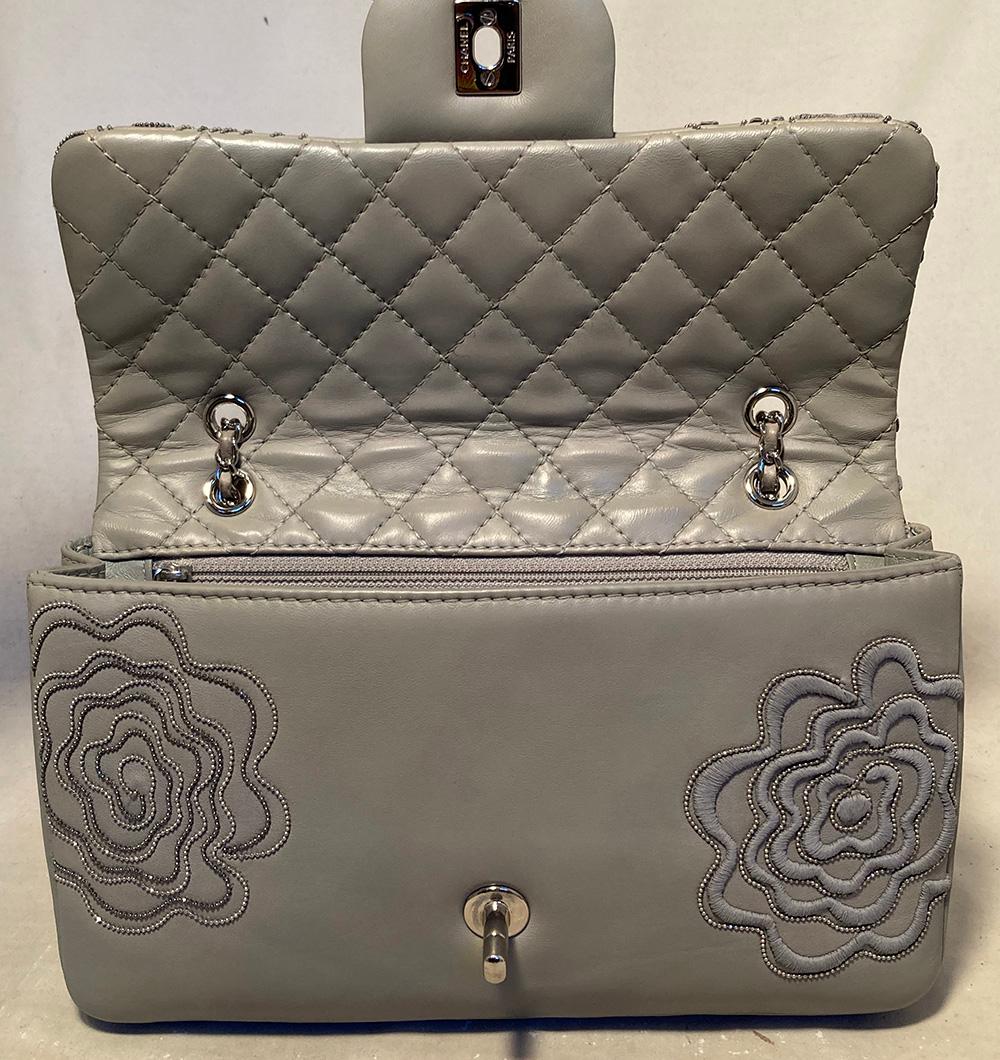 Gray Chanel Camellia Follies Embroidered Medium Classic Flap  For Sale