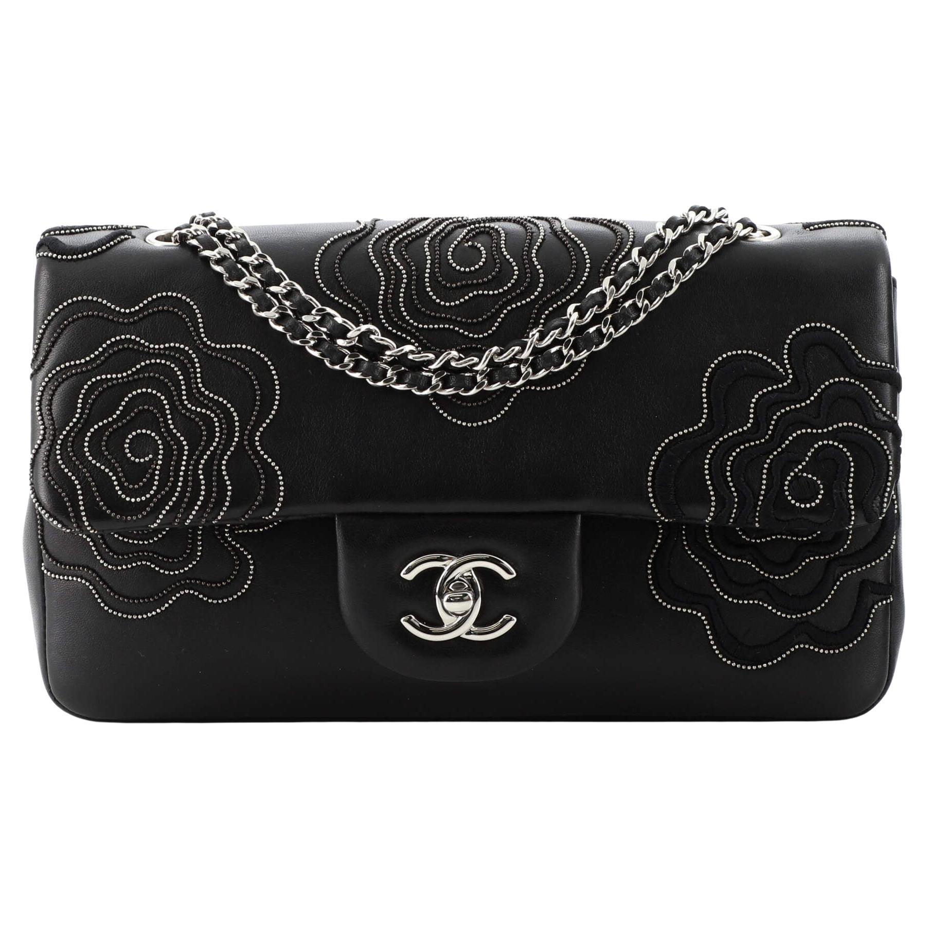 Chanel Neoprene Flap Bag Embroidered with Navy Blue Camellias