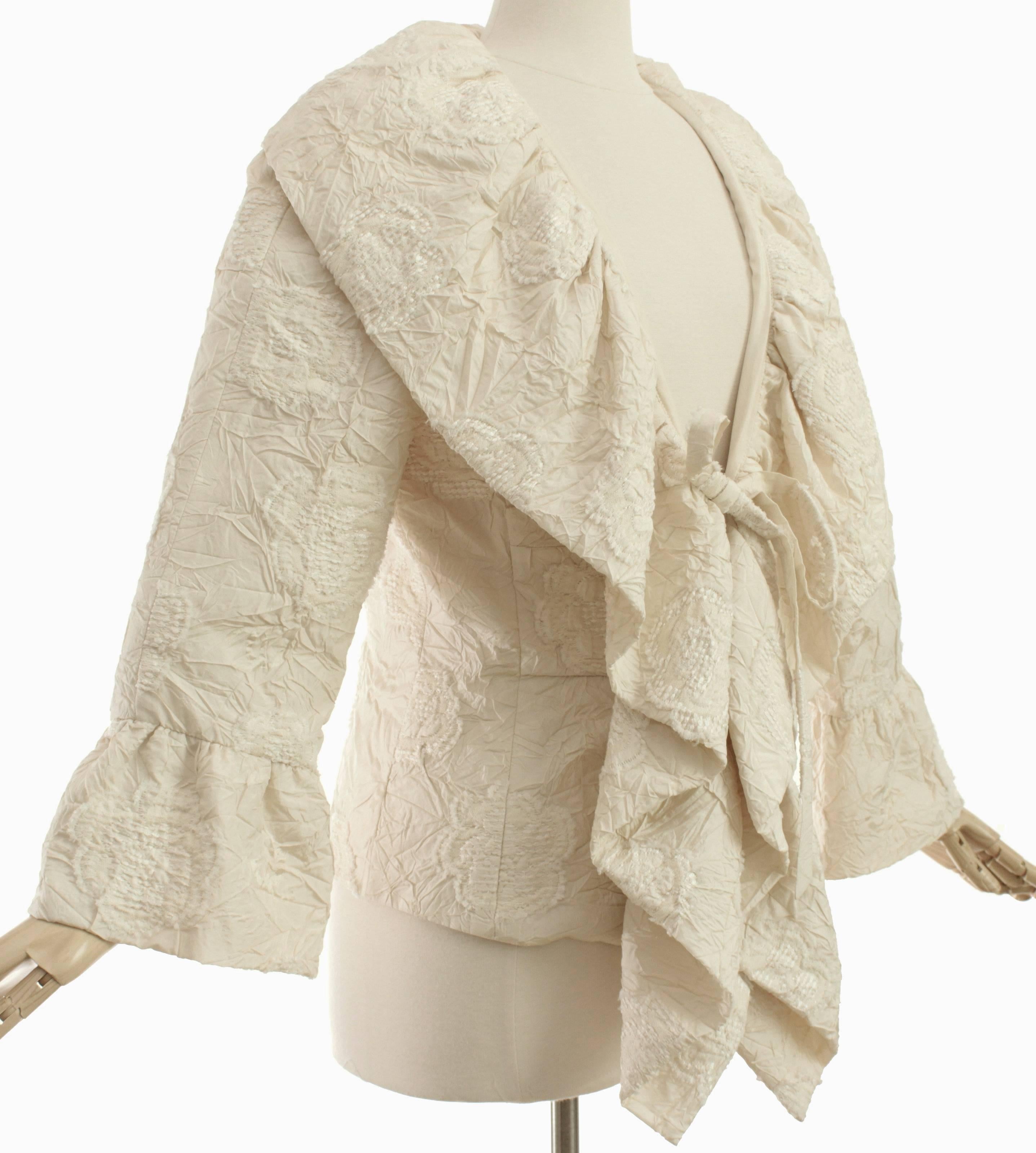 Beige Chanel Camellia Jacket with Bell Ruffle Sleeves Cream Ivory Silk Jacquard 06P 46