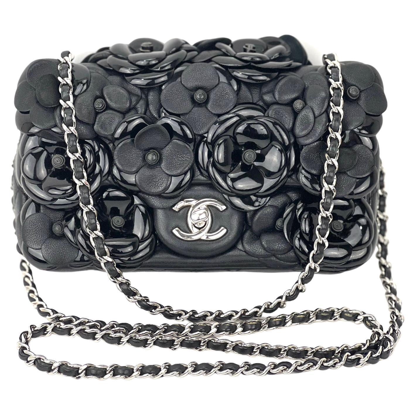 Chanel Black Patent Leather Camellia Flower Classic Flap Shoulder Bag at  1stDibs