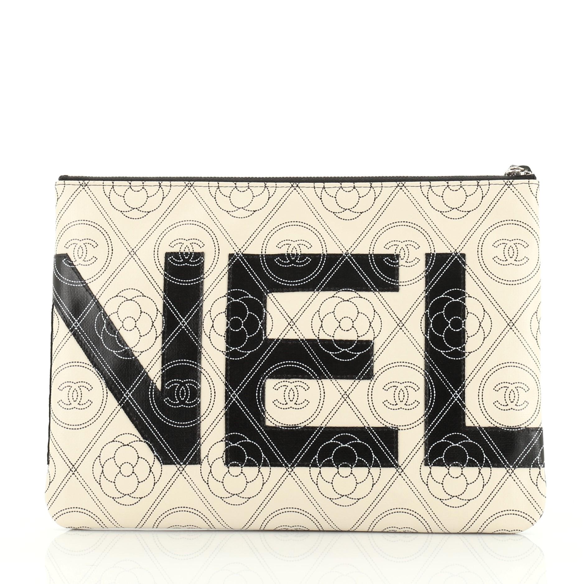 Chanel Camellia Logo Wristlet Clutch Printed Coated Canvas Large In Good Condition In NY, NY