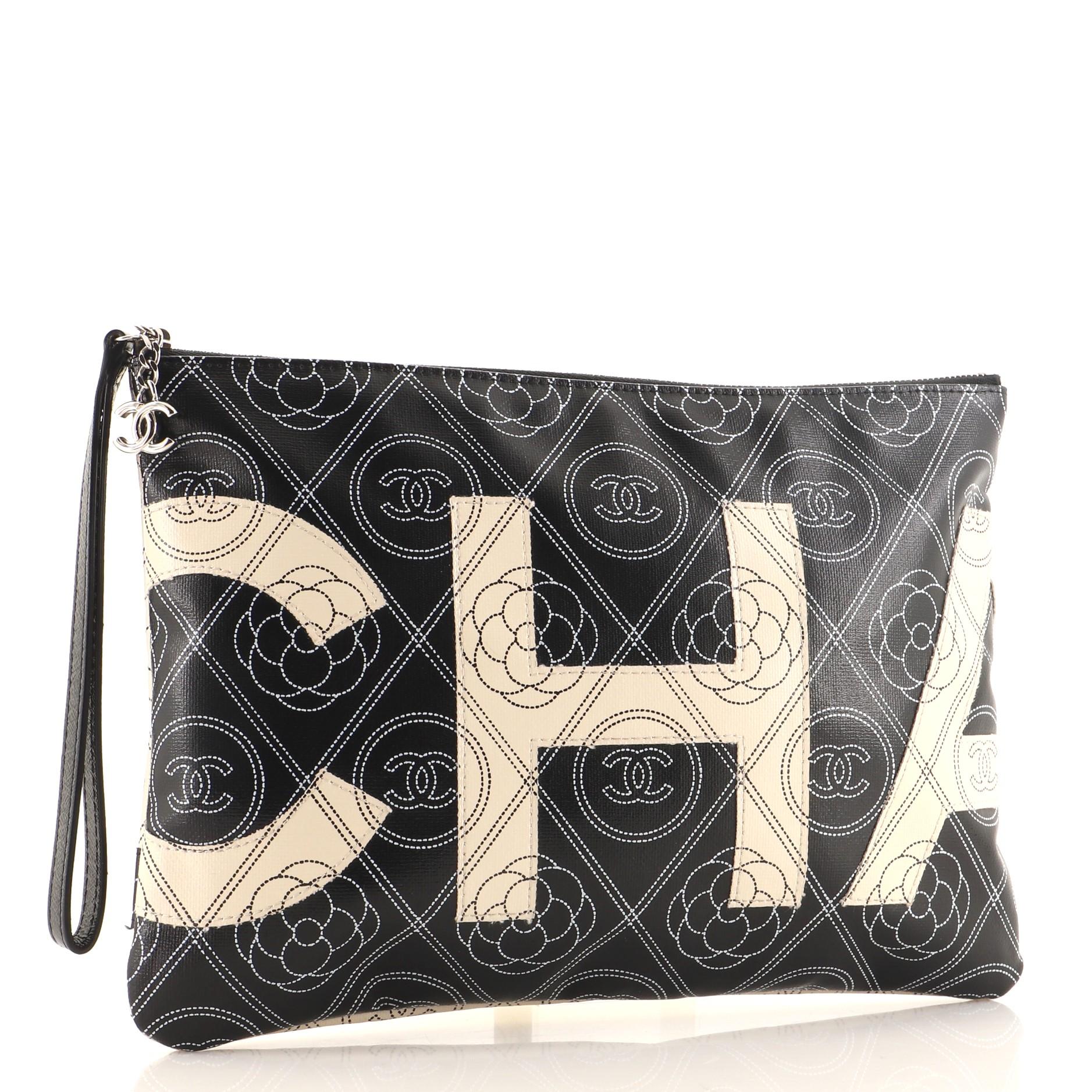 Black Chanel Camellia Logo Wristlet Clutch Printed Coated Canvas Medium