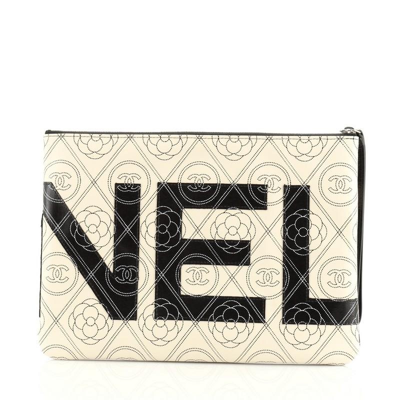Chanel Camellia Logo Wristlet Clutch Printed Coated Canvas Medium In Good Condition In NY, NY