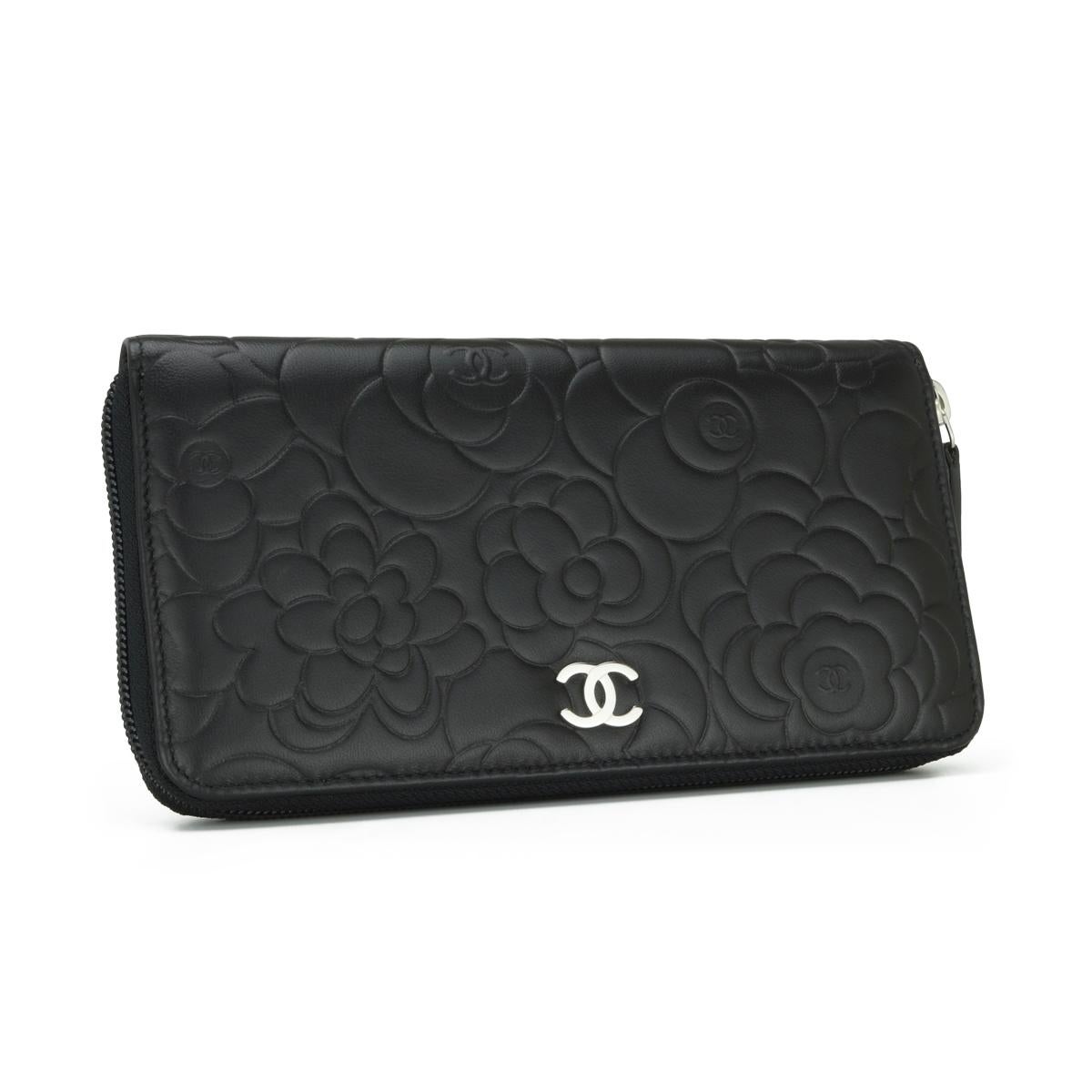 Women's or Men's Chanel Camellia Long Zipped Wallet in Black Lambskin with Silver Hardware 2013