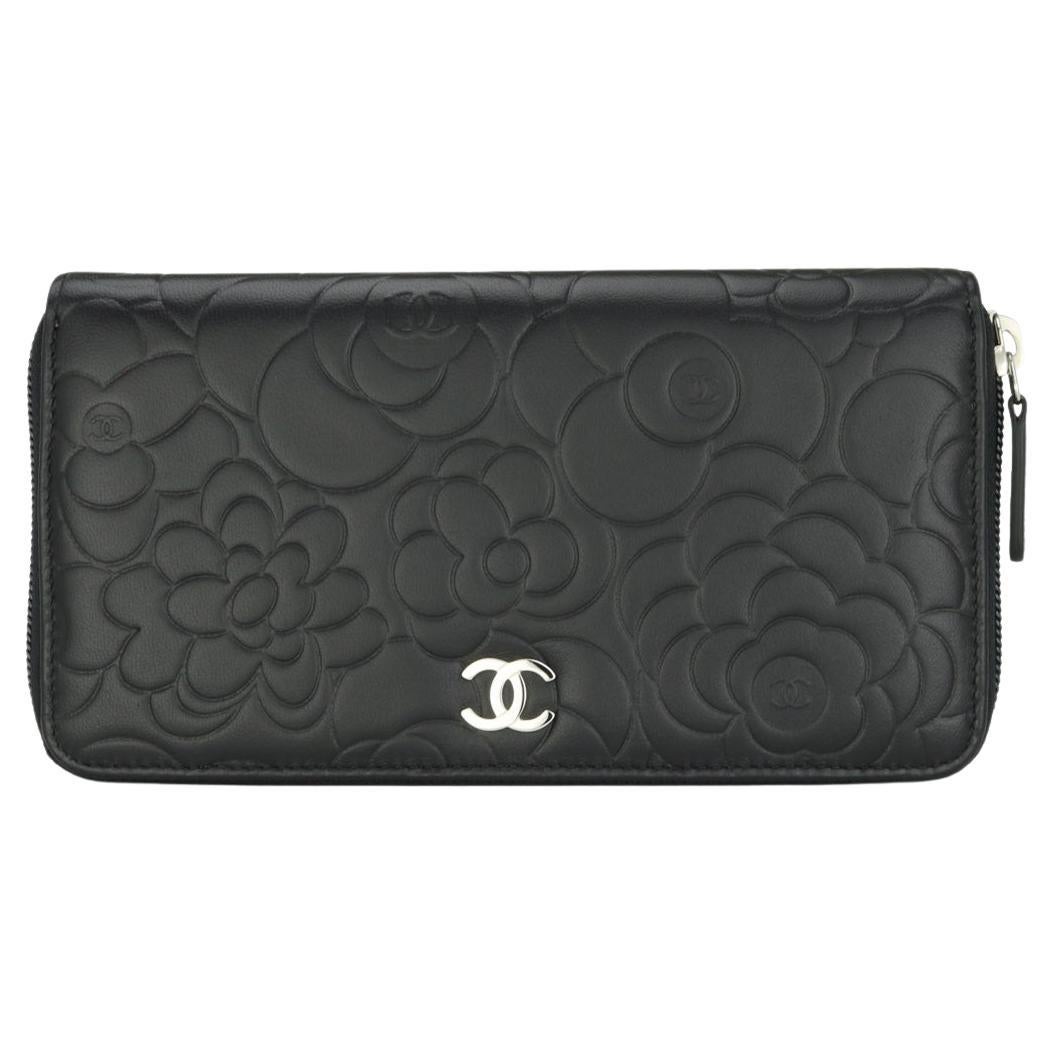 Chanel Camellia Long Zipped Wallet in Black Lambskin with Silver Hardware 2013