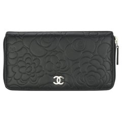 Used Chanel Camellia Long Zipped Wallet in Black Lambskin with Silver Hardware 2013